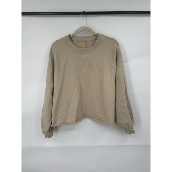 Lululemon La Boxy Crew Neck Top Women 10 Beige Raw Rolled Hem Athleisure Casual - Picture 1 of 7